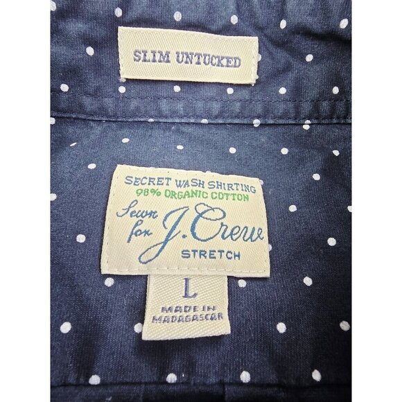 J. Crew Slim Untucked Stretch Size Large Mens Navy White Polka Dot Button Down - Picture 4 of 10
